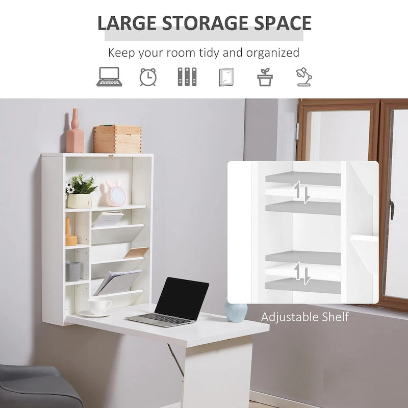 Modern Wall Mounted Foldable Desk with Adjustable Shelves and Ample Storage for Small Spaces and Home Offices