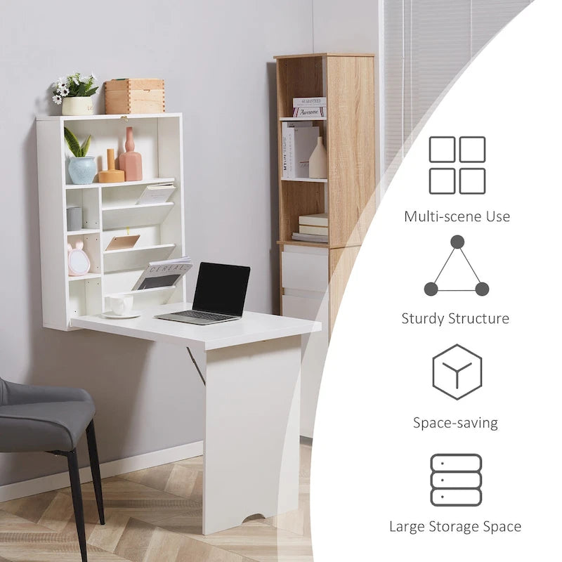 Modern Wall Mounted Foldable Desk with Adjustable Shelves and Ample Storage for Small Spaces and Home Offices