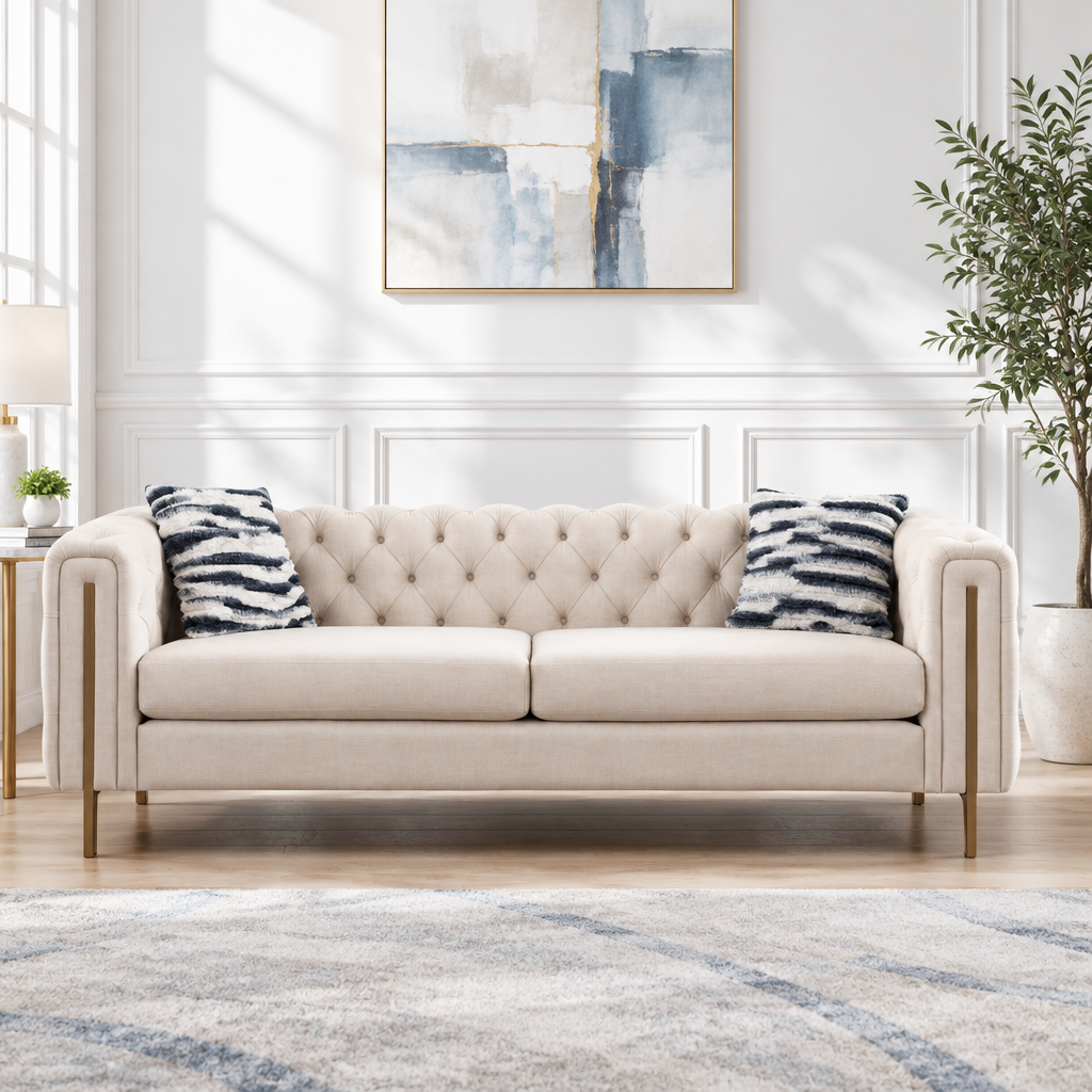 84.25 Samtsofa für 3 Personen mit Knopfsteppung, goldenen Metallbeinen, Taschenfederkern und Schaumstoffpolsterung, Tragfähigkeit 700 lb