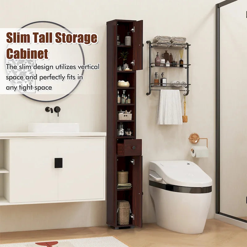 Tall Slim Bathroom Storage Cabinet Linen Tower w/Drawer