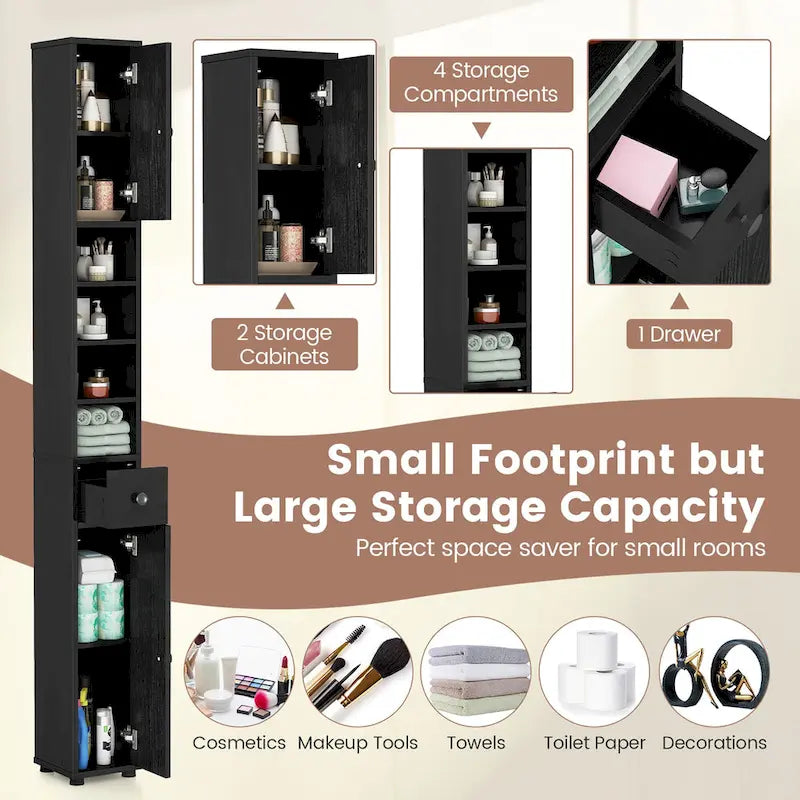 Tall Slim Bathroom Storage Cabinet Linen Tower w/Drawer