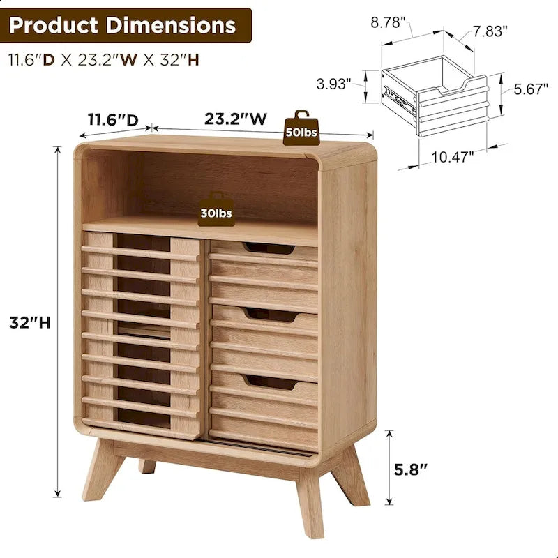 Slatted Door Bathroom Floor Cabinet, Mid-Century Storage Cabinet
