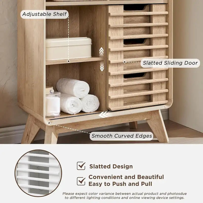 Slatted Door Bathroom Floor Cabinet, Mid-Century Storage Cabinet