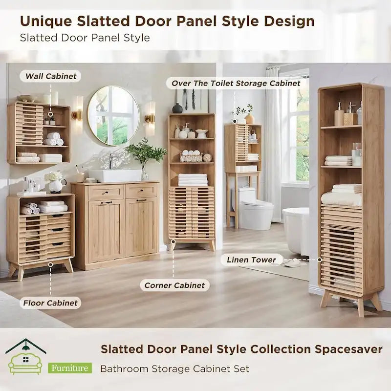 Slatted Door Bathroom Floor Cabinet, Mid-Century Storage Cabinet