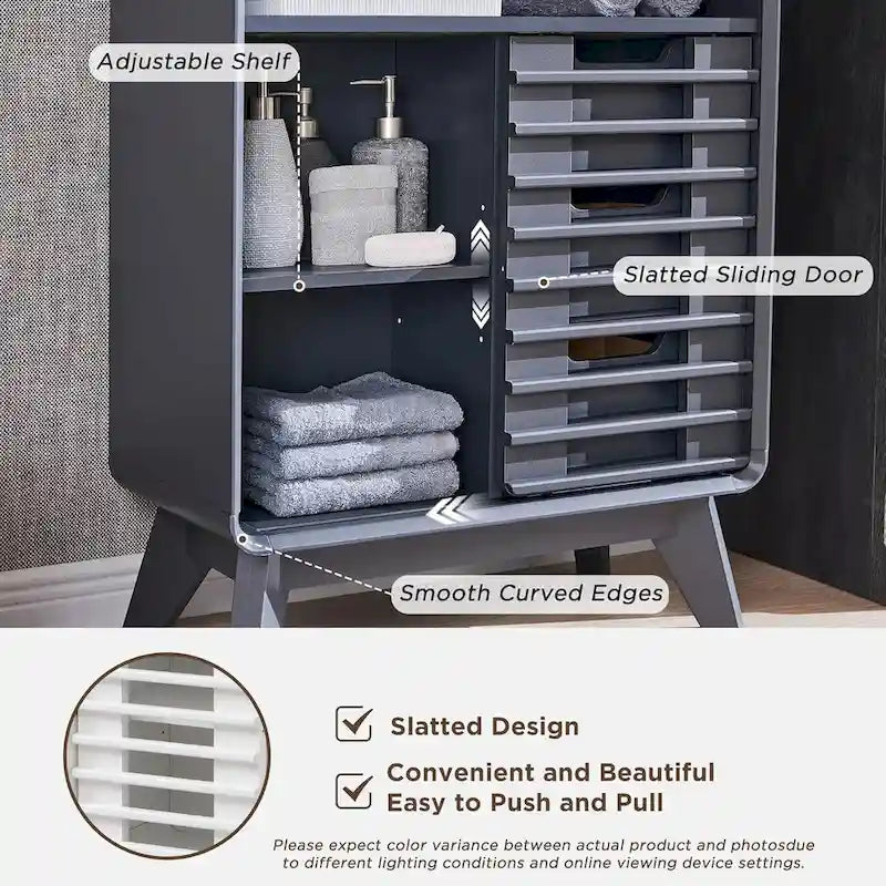 Slatted Door Bathroom Floor Cabinet, Mid-Century Storage Cabinet