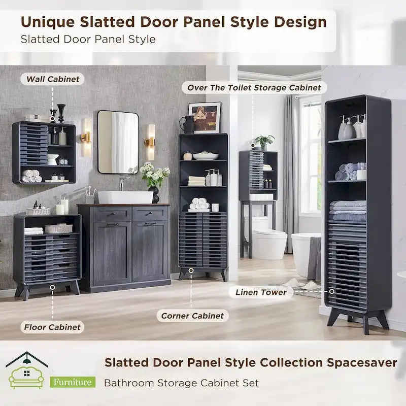 Slatted Door Bathroom Floor Cabinet, Mid-Century Storage Cabinet