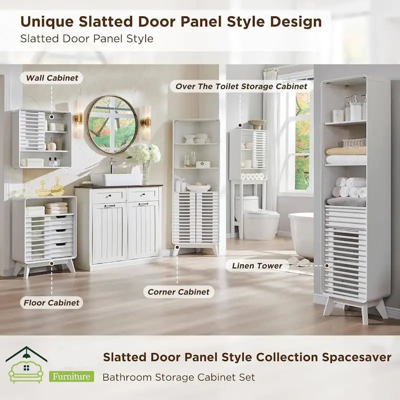 Slatted Door Bathroom Floor Cabinet, Mid-Century Storage Cabinet