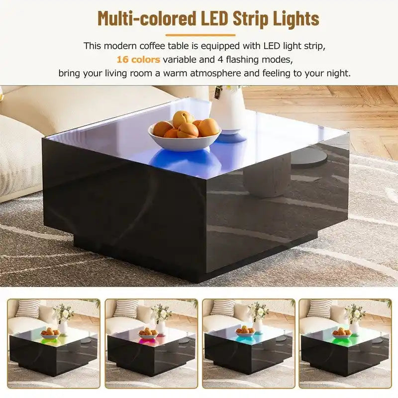 Square Hight Glossy Coffee Table with 16-color LED Strip Lights, Modern Center Table with 5mm Frosted Tempered Glass Top