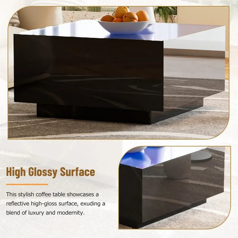 Square Hight Glossy Coffee Table with 16-color LED Strip Lights, Modern Center Table with 5mm Frosted Tempered Glass Top