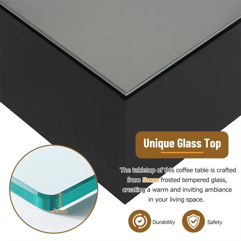 Square Hight Glossy Coffee Table with 16-color LED Strip Lights, Modern Center Table with 5mm Frosted Tempered Glass Top