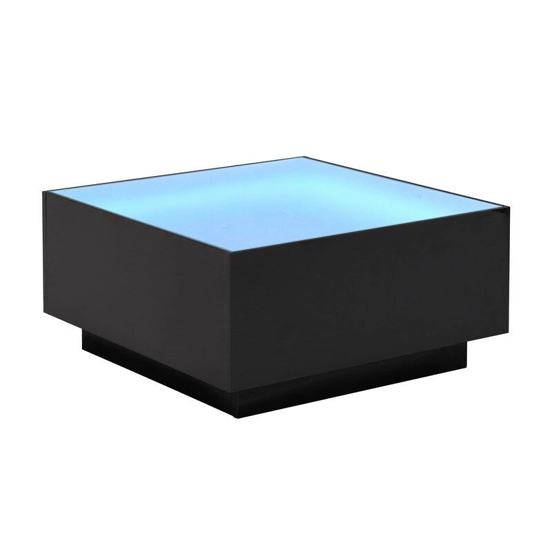 Square Hight Glossy Coffee Table with 16-color LED Strip Lights, Modern Center Table with 5mm Frosted Tempered Glass Top