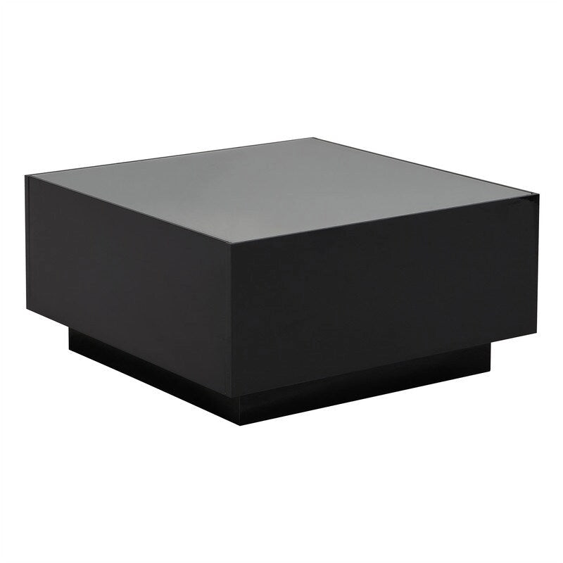 Square Hight Glossy Coffee Table with 16-color LED Strip Lights, Modern Center Table with 5mm Frosted Tempered Glass Top