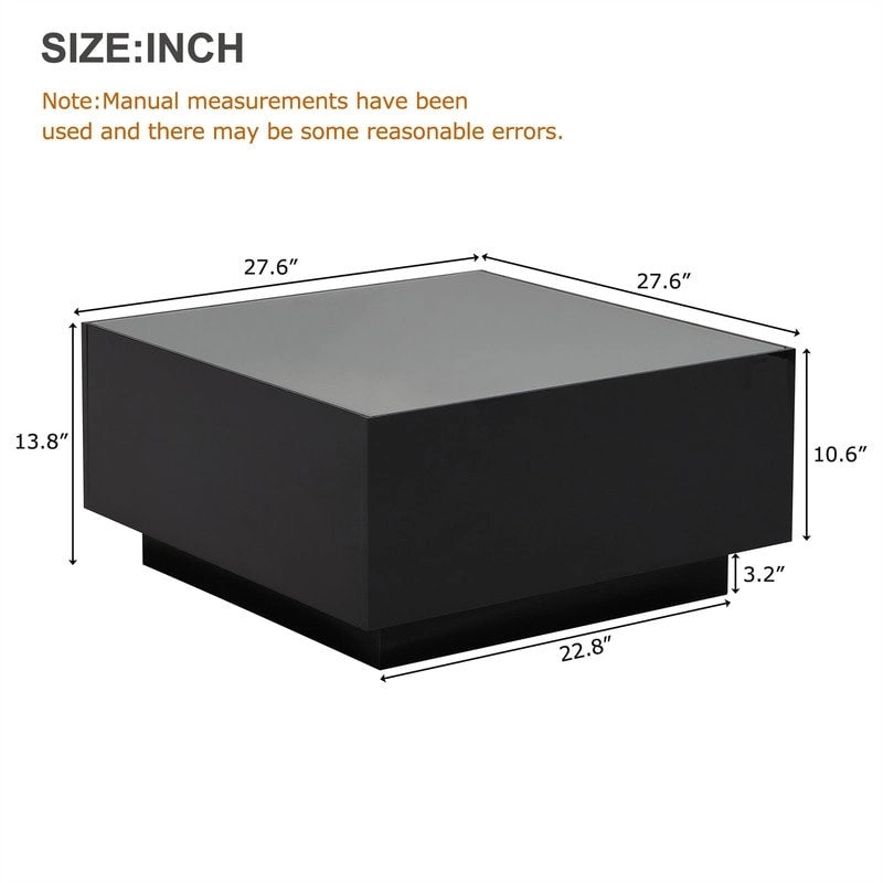Square Hight Glossy Coffee Table with 16-color LED Strip Lights, Modern Center Table with 5mm Frosted Tempered Glass Top
