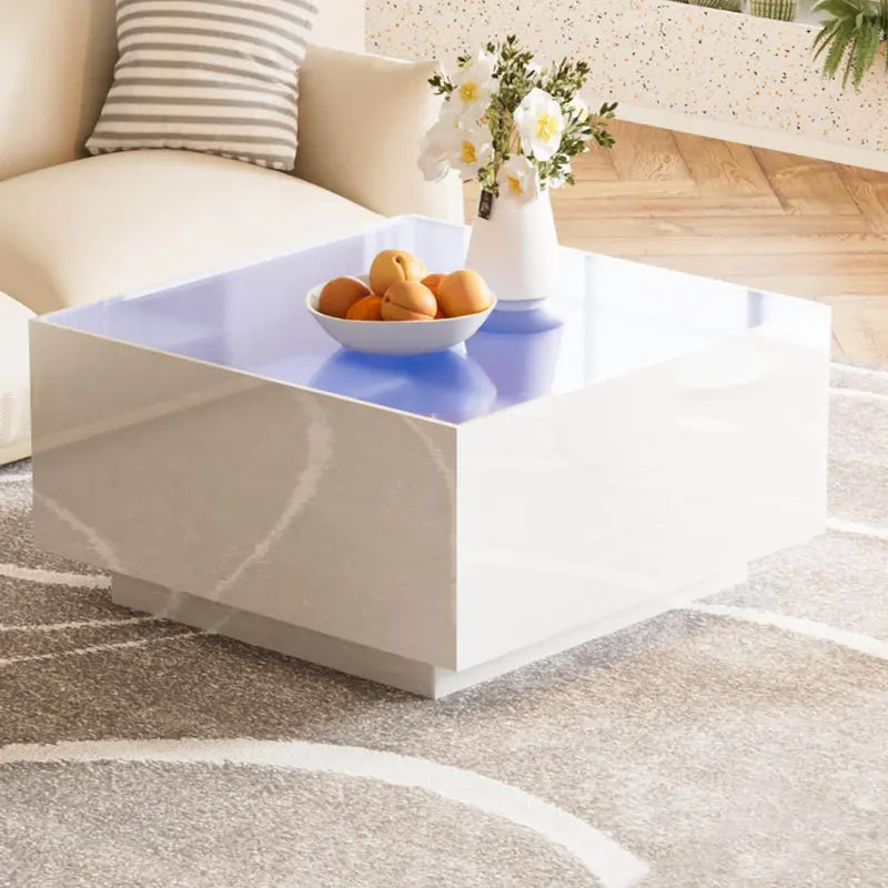 Square Hight Glossy Coffee Table with 16-color LED Strip Lights, Modern Center Table with 5mm Frosted Tempered Glass Top