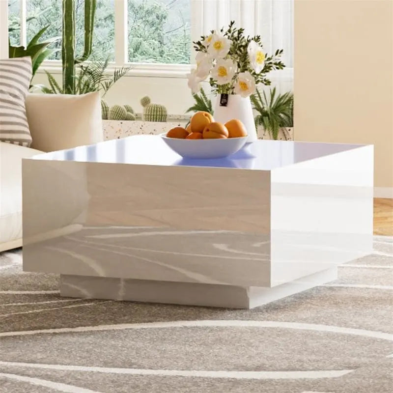 Square Hight Glossy Coffee Table with 16-color LED Strip Lights, Modern Center Table with 5mm Frosted Tempered Glass Top