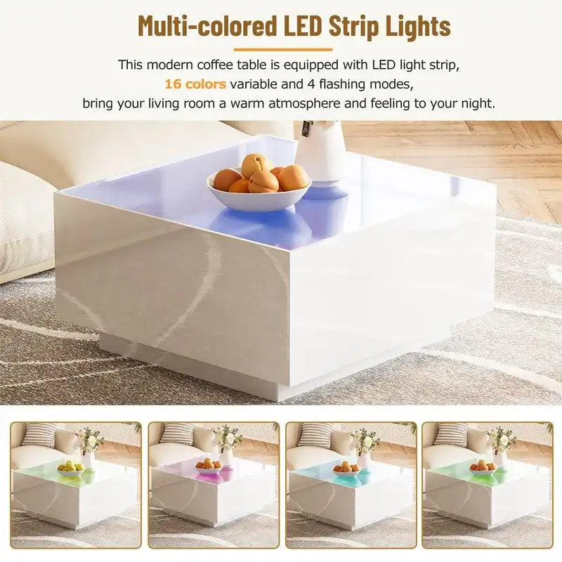 Square Hight Glossy Coffee Table with 16-color LED Strip Lights, Modern Center Table with 5mm Frosted Tempered Glass Top