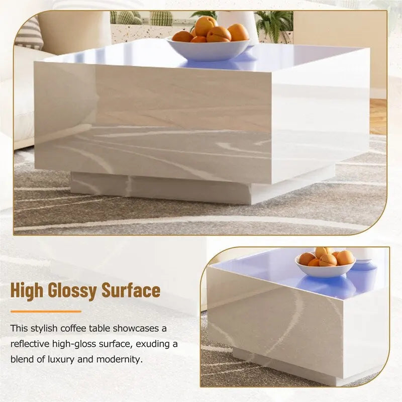 Square Hight Glossy Coffee Table with 16-color LED Strip Lights, Modern Center Table with 5mm Frosted Tempered Glass Top