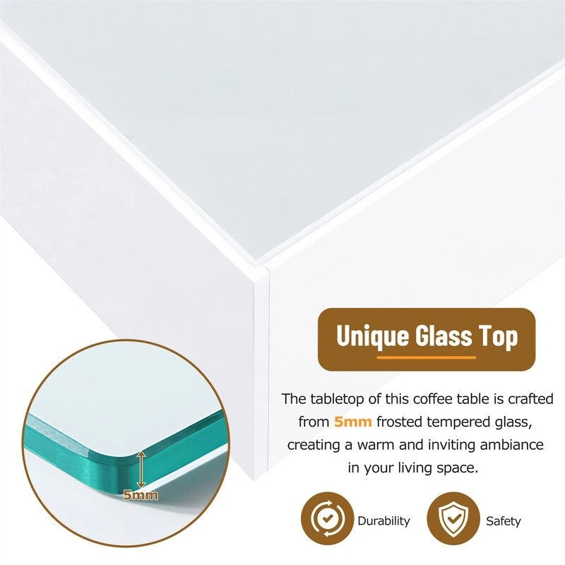 Square Hight Glossy Coffee Table with 16-color LED Strip Lights, Modern Center Table with 5mm Frosted Tempered Glass Top