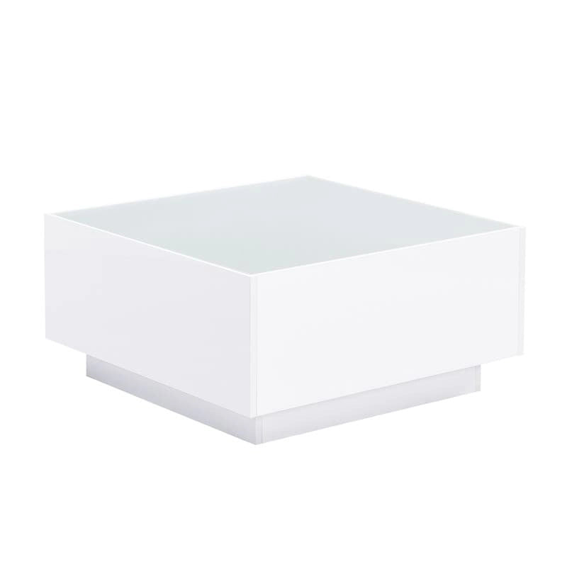 Square Hight Glossy Coffee Table with 16-color LED Strip Lights, Modern Center Table with 5mm Frosted Tempered Glass Top