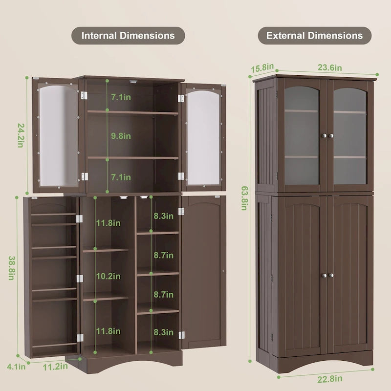 64 Kitchen Pantry Cabinet, Tall Storage Cabinet with Glass Doors and Adjustable Shelves