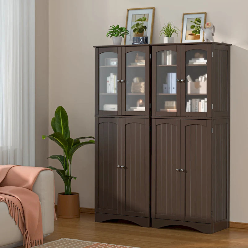 64 Kitchen Pantry Cabinet, Tall Storage Cabinet with Glass Doors and Adjustable Shelves
