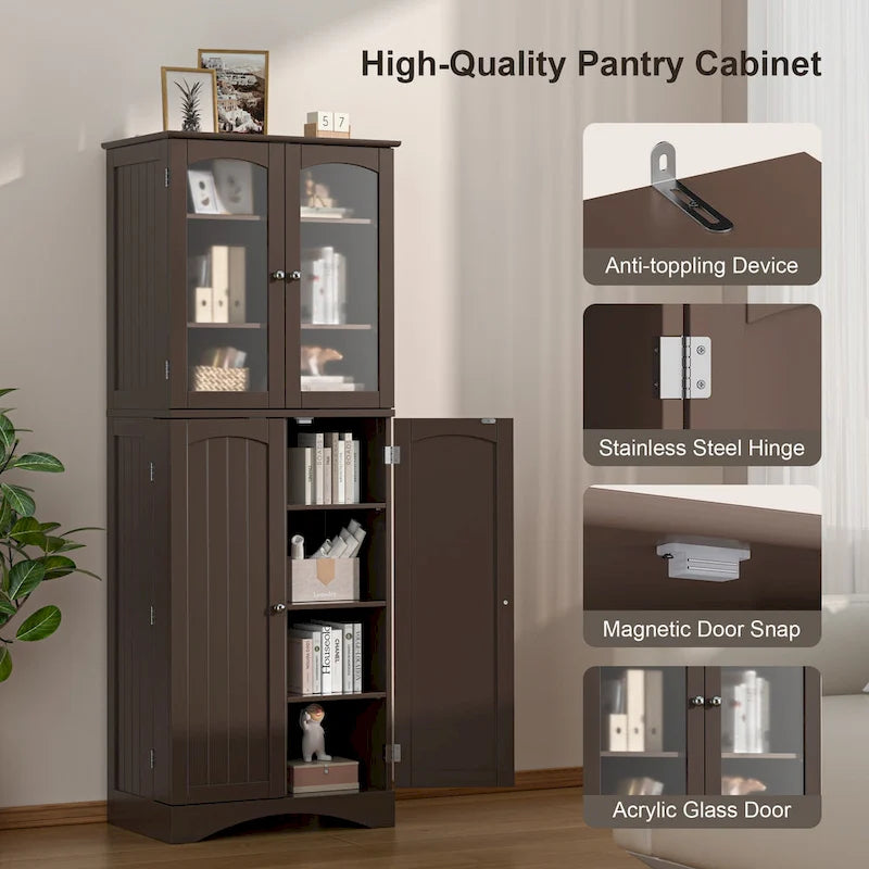 64 Kitchen Pantry Cabinet, Tall Storage Cabinet with Glass Doors and Adjustable Shelves