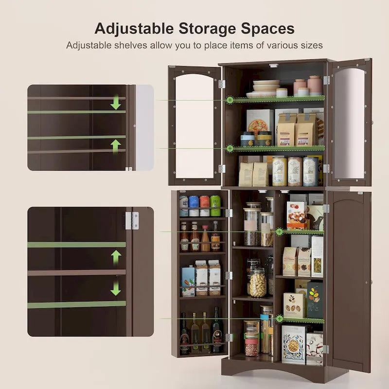 64 Kitchen Pantry Cabinet, Tall Storage Cabinet with Glass Doors and Adjustable Shelves