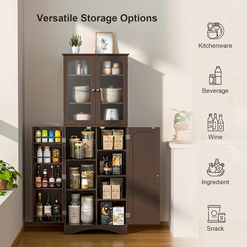 64 Kitchen Pantry Cabinet, Tall Storage Cabinet with Glass Doors and Adjustable Shelves