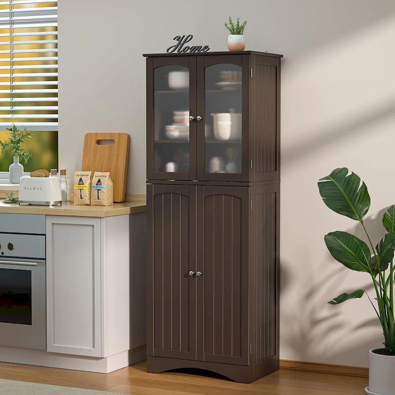 64 Kitchen Pantry Cabinet, Tall Storage Cabinet with Glass Doors and Adjustable Shelves