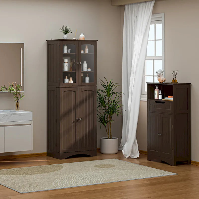 64 Kitchen Pantry Cabinet, Tall Storage Cabinet with Glass Doors and Adjustable Shelves
