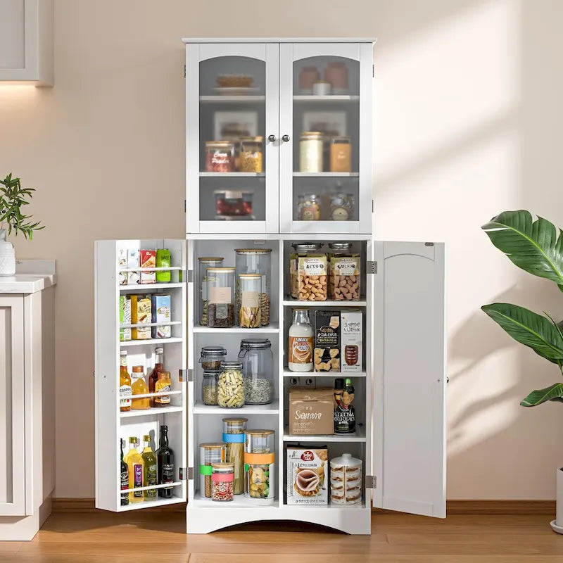 64 Kitchen Pantry Cabinet, Tall Storage Cabinet with Glass Doors and Adjustable Shelves