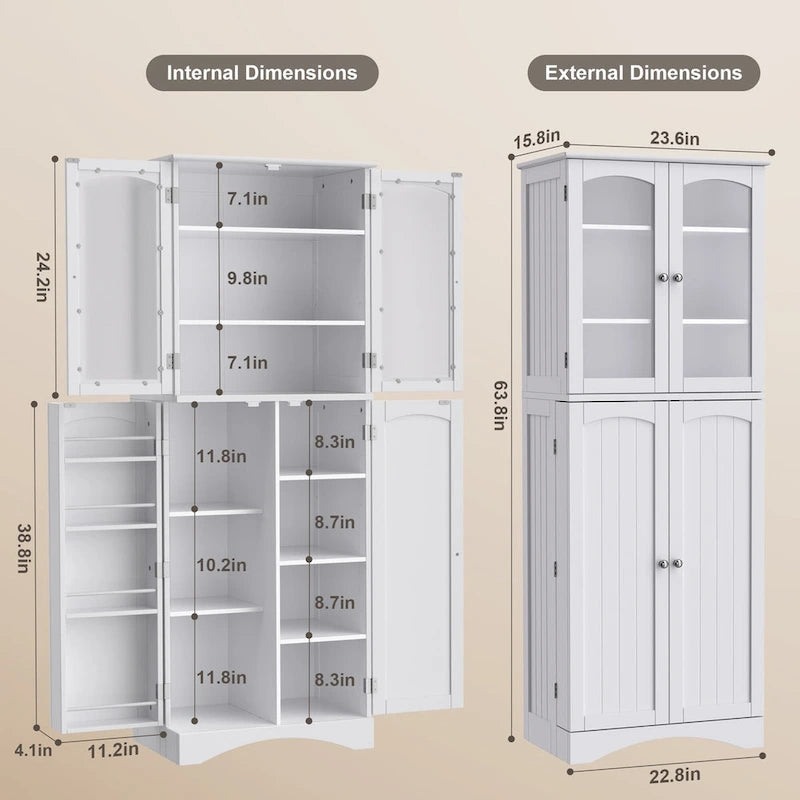 64 Kitchen Pantry Cabinet, Tall Storage Cabinet with Glass Doors and Adjustable Shelves