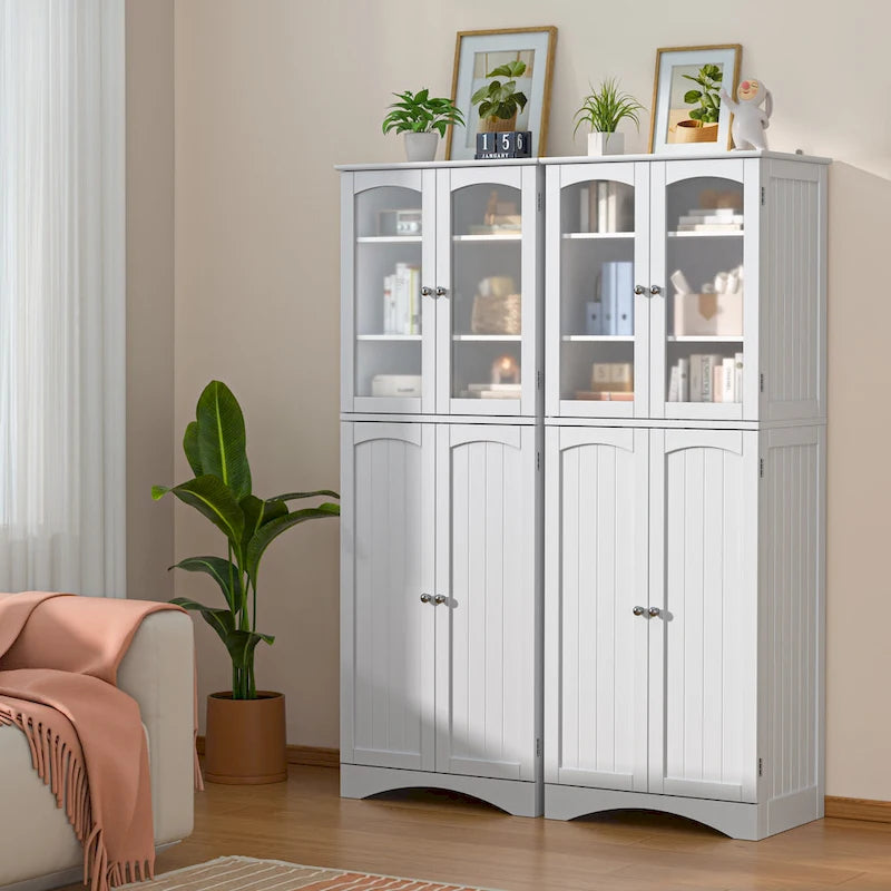 64 Kitchen Pantry Cabinet, Tall Storage Cabinet with Glass Doors and Adjustable Shelves
