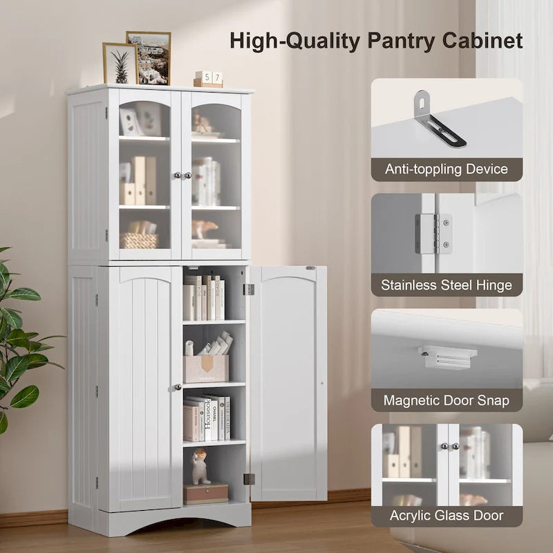 64 Kitchen Pantry Cabinet, Tall Storage Cabinet with Glass Doors and Adjustable Shelves