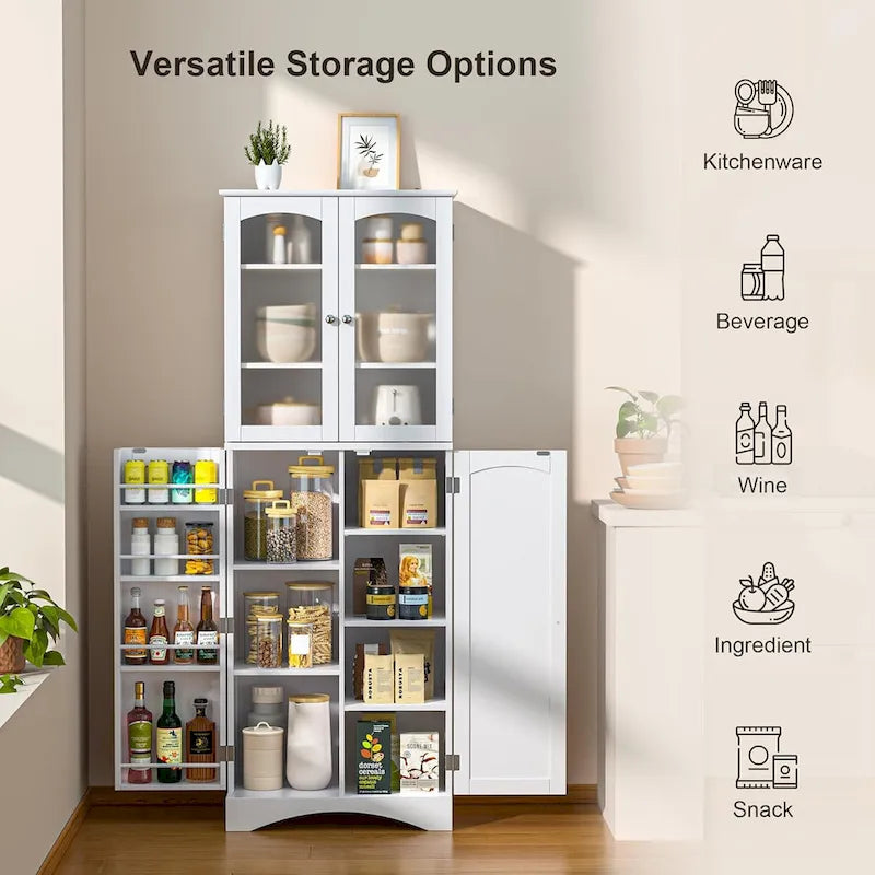 64 Kitchen Pantry Cabinet, Tall Storage Cabinet with Glass Doors and Adjustable Shelves