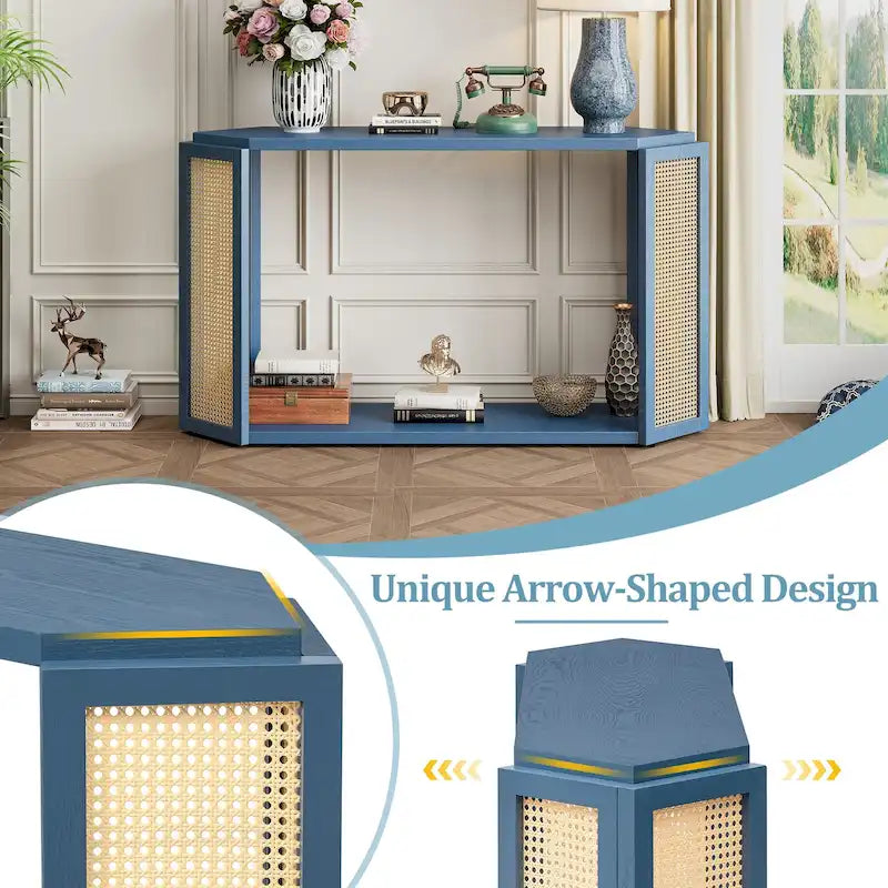 Arrow-Shaped Design Console Table Entryway Table with Open Shelf, Rattan Sofa Table Accent Table for Living Room Hallway