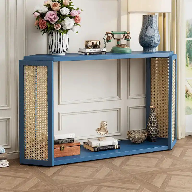Arrow-Shaped Design Console Table Entryway Table with Open Shelf, Rattan Sofa Table Accent Table for Living Room Hallway