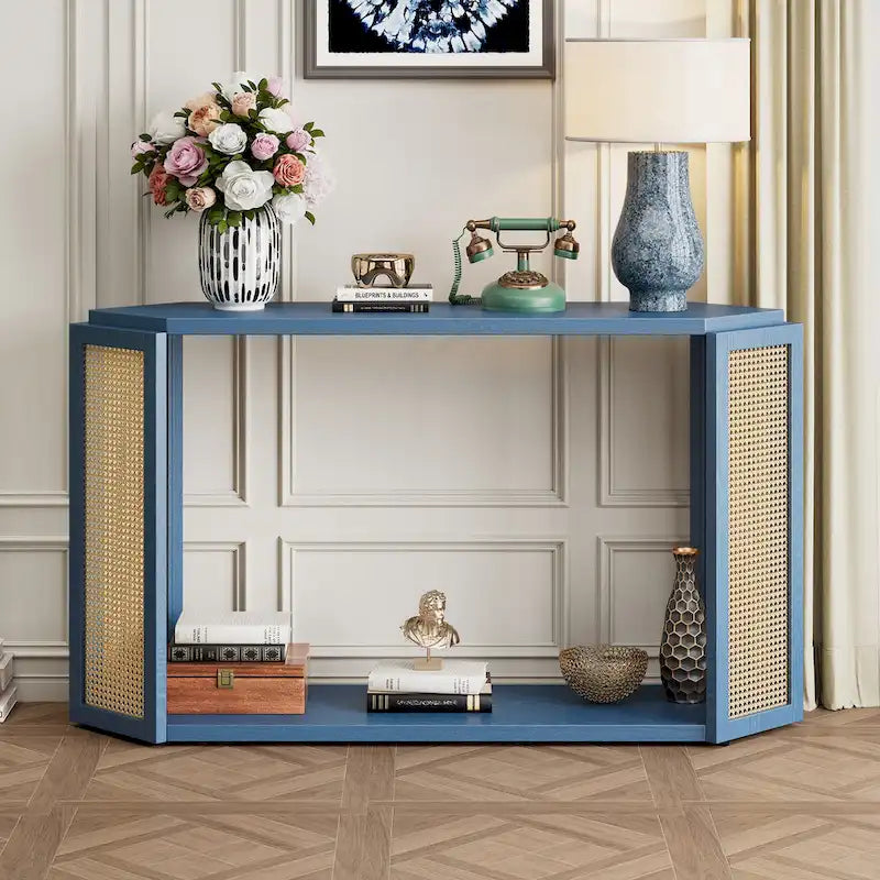 Arrow-Shaped Design Console Table Entryway Table with Open Shelf, Rattan Sofa Table Accent Table for Living Room Hallway