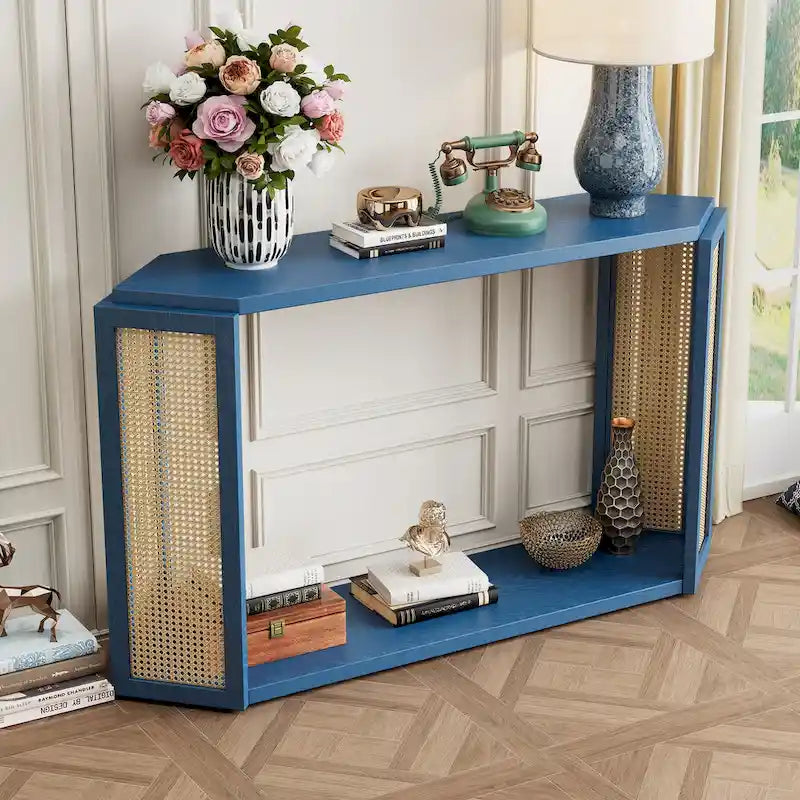 Arrow-Shaped Design Console Table Entryway Table with Open Shelf, Rattan Sofa Table Accent Table for Living Room Hallway