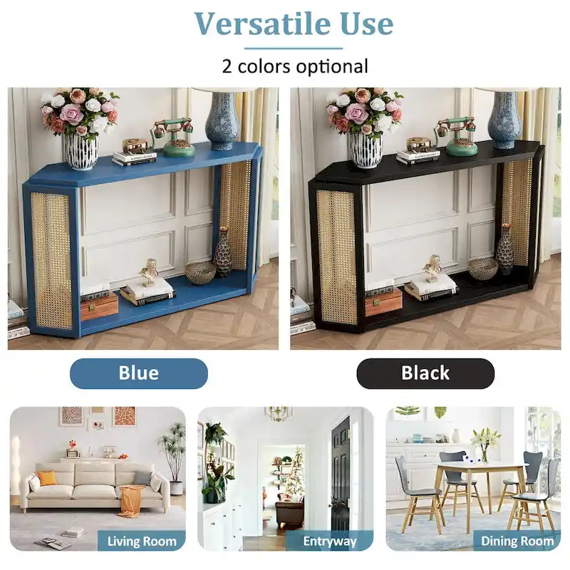 Arrow-Shaped Design Console Table Entryway Table with Open Shelf, Rattan Sofa Table Accent Table for Living Room Hallway