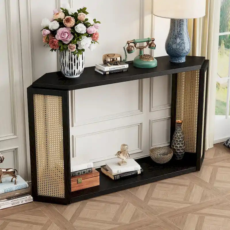 Arrow-Shaped Design Console Table Entryway Table with Open Shelf, Rattan Sofa Table Accent Table for Living Room Hallway