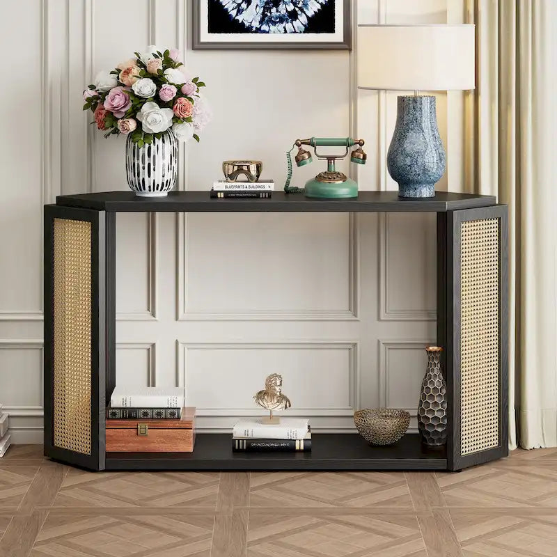 Arrow-Shaped Design Console Table Entryway Table with Open Shelf, Rattan Sofa Table Accent Table for Living Room Hallway