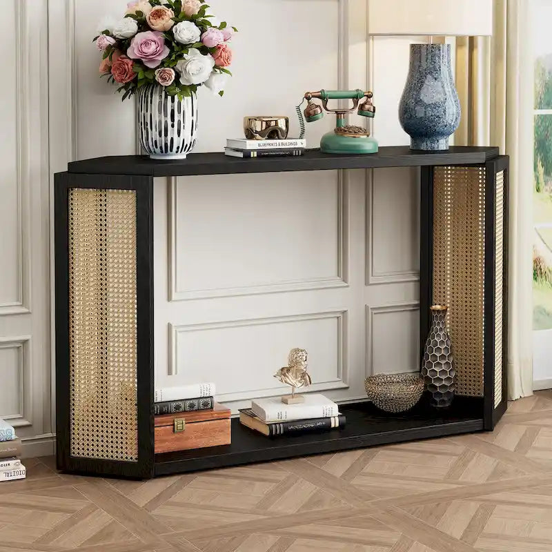 Arrow-Shaped Design Console Table Entryway Table with Open Shelf, Rattan Sofa Table Accent Table for Living Room Hallway
