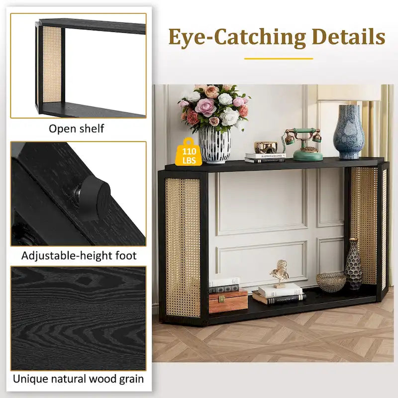 Arrow-Shaped Design Console Table Entryway Table with Open Shelf, Rattan Sofa Table Accent Table for Living Room Hallway