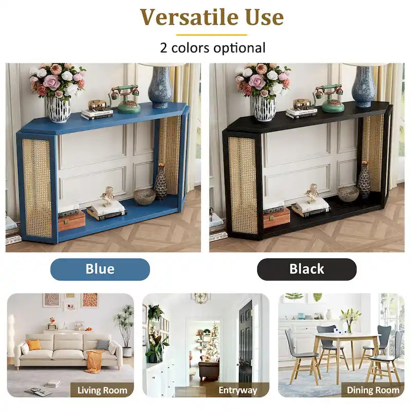 Arrow-Shaped Design Console Table Entryway Table with Open Shelf, Rattan Sofa Table Accent Table for Living Room Hallway
