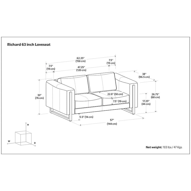 Modern, Contemporary 62 inch Wide Sofa in Genuine Leather