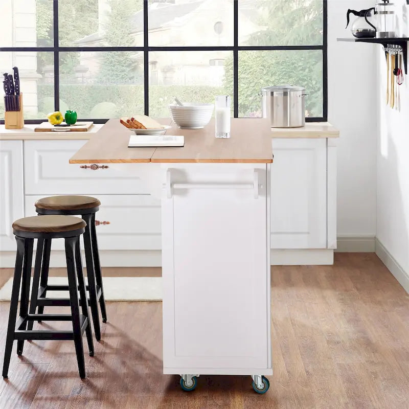 Kitchen Island Cart with Drop-Leaf and Rubber Wood Top, Rolling Kitchen Trolley Cart Cabinet