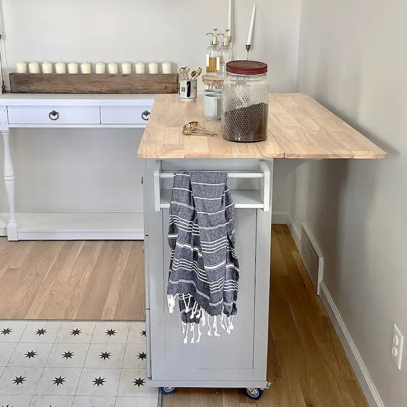 Kitchen Island Cart with Drop-Leaf and Rubber Wood Top, Rolling Kitchen Trolley Cart Cabinet