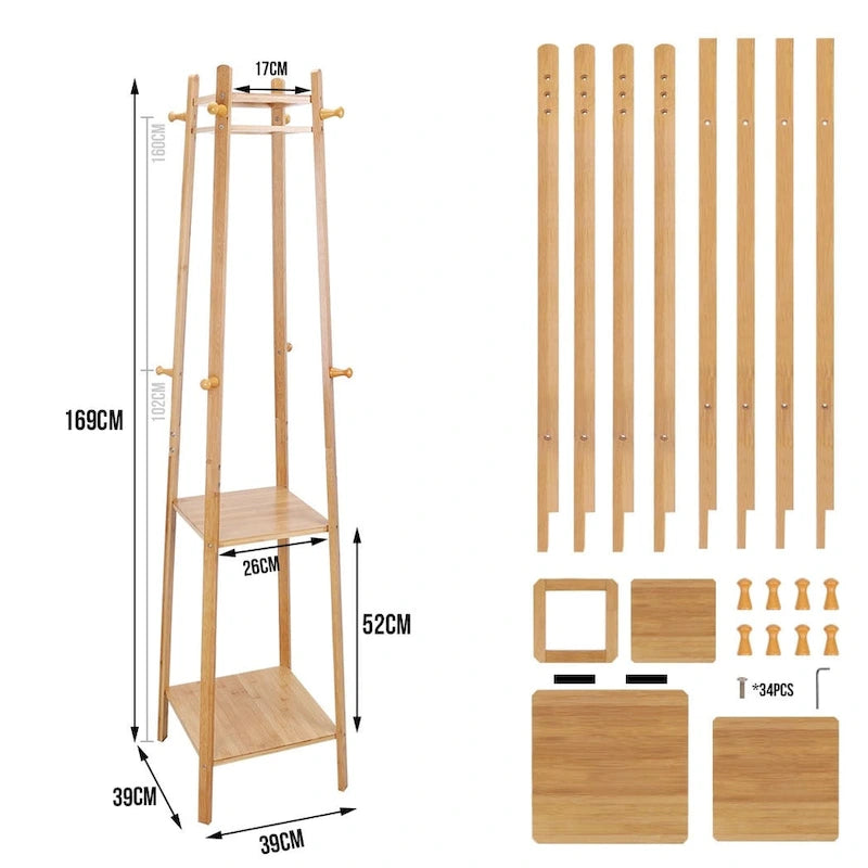Solid Wood 8 Hook Freestanding Coat Rack Storage - 67h x 16l x 16l