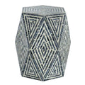 18 Inch Accent Table Stool, Hexagonal Design, Diamond Pattern, Blue, White